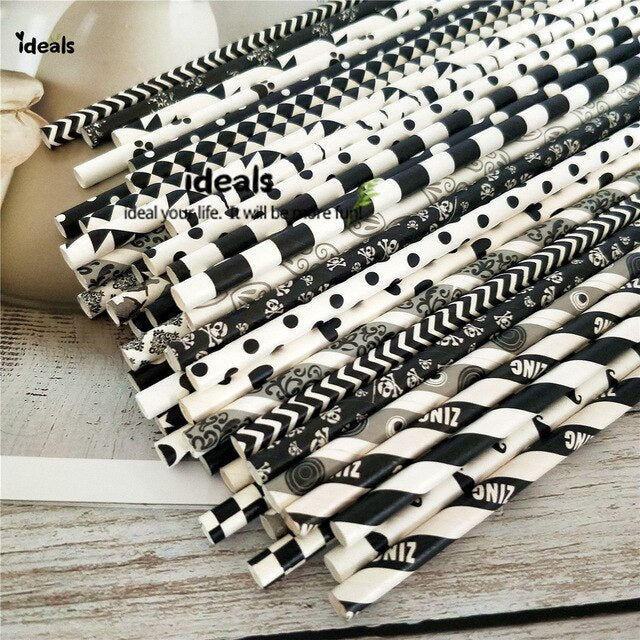 Black Strip Star Dot Paper Straws