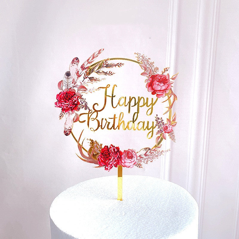 Flowers Happy Birthday Cake Topper